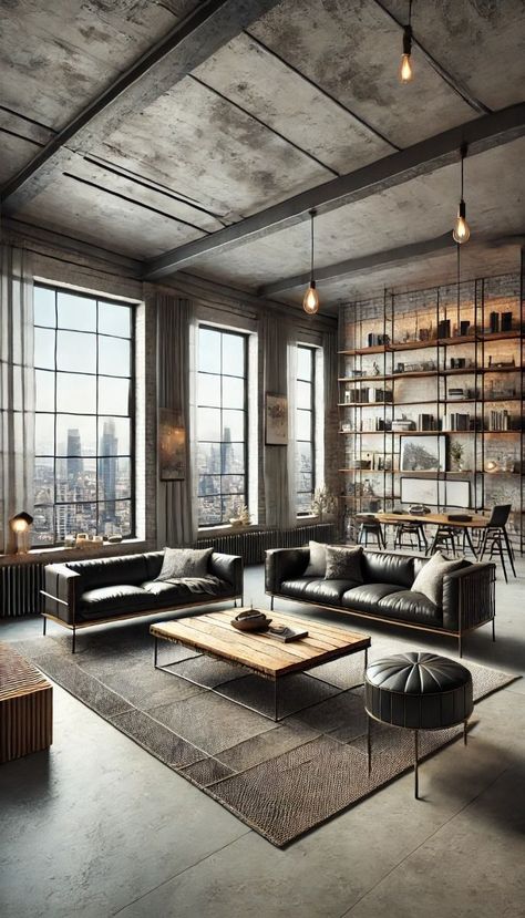 Step into this chic living room that perfectly blends industrial elements with modern design. Exposed brick walls, metal accents, and sleek furniture create an urban oasis with a sophisticated edge. The space features a sleek leather sofa, a reclaimed wood coffee table with metal legs, and contemporary art pieces that add character to the room. Large floor-to-ceiling windows offer a stunning city skyline view, while pendant lighting with Edison bulbs and a polished concrete floor complete the industrial vibe. A few indoor plants bring a touch of nature, adding balance to this stylish, modern space. Perfect inspiration for anyone looking to create a chic, industrial-style living room! Historic Industrial Interior Design, Industrial Interior Design Office, Warehouse Living Room, Industrial Living Room Ideas, Coffee Table With Metal Legs, Industrial Lounge, Industrial Style Office, Polished Concrete Floor, Modern And Rustic Decor