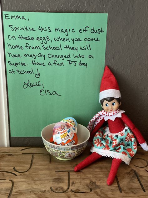 The magic trick is eggs after school! Elf Egg Magic Trick, Elf On The Shelf Egg Magic, Elf On The Shelf Kinder Egg, Elf Magic Trick, Elf Tricks, Egg Magic, Kinder Egg, Candy Egg, Elf Activities