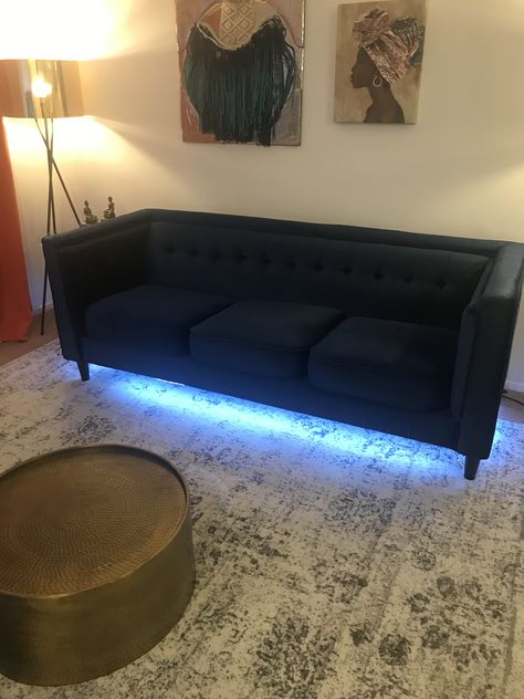 LED light strip from Amazon under couch. Couch Led Lights, Chill Room Ideas Lounges Cozy, Led Lights Under Couch, Lights Under Couch, Gaming Room Couch, Led Light Strip Ideas Living Rooms, Led Strip Lighting Ideas Living Rooms, Mini Couches For Bedrooms, Mini Couch For Bedroom