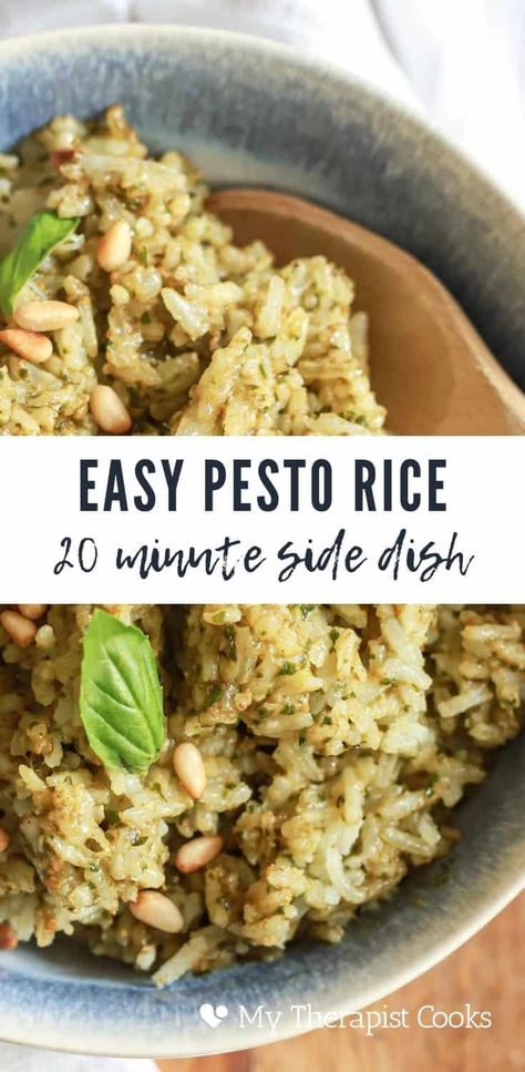 The easiest pesto rice ever! This DELICIOUS vegetarian and gluten free side dish uses homemade or store-bought pesto for a quick and easy way to jazz up plain white rice. This side dish is done in 30 minutes or less, the perfect amount of time for quick pan seared chicken and broiled veggies for a fast gluten free dinner! Pesto Rice Recipes, Pesto Fish, Easy Basil Pesto, Gluten Free Side Dish, Gluten Free Side, Pesto Rice, Summer Side Dishes Recipes, Dairy Free Pesto, Easy Summer Side Dishes