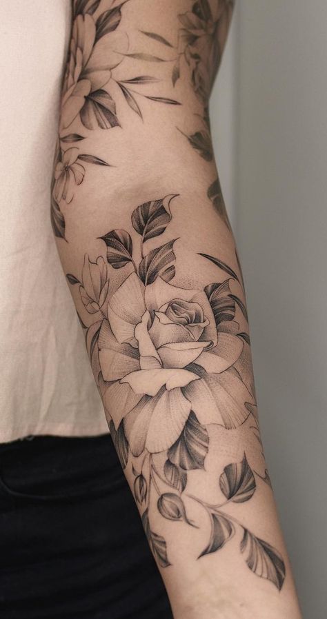 Vines And Roses Tattoo, Roses Tattoos Sleeve, Roses With Vines Tattoo, Rose Elbow Tattoos For Women, Roses Sleeve Tattoo Women, Floral Tattoo With Words, Vine Rose Tattoo, Two Roses Tattoo Design, Rose Sleeve Tattoo Women