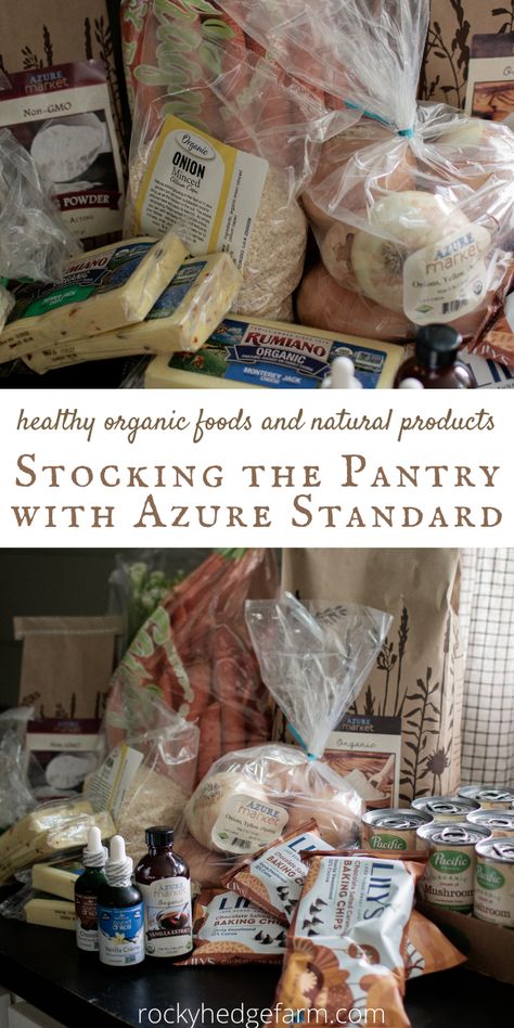 Homesteader pantry stocking with azure standard online bulk grocery shopping. Essential staples list. Stocked Pantry List, Bulk Grocery Shopping, Homesteading Pantry Staples, Bulk Pantry Staples, Homestead Grocery List, Bulk Pantry Storage, Homestead Pantry Staples, Homemade Pantry Staples, Homesteading Pantry