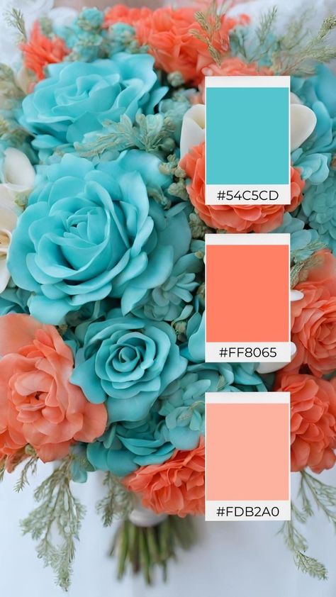 Blue And Coral Palette, Turquoise And Coral Wedding, Unique Fall Wedding, Winter Wedding Color Ideas, Fall Wedding Color Ideas, Coral Wedding Colors, Peach Color Palettes, Coral Colour Palette, Turquoise Color Palette