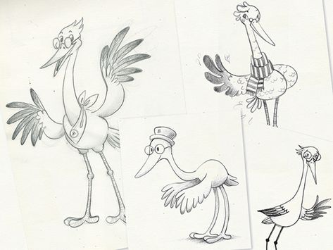 Stork character design and illustration on Behance Stork Drawing, Duck Illustration, Character Design Cartoon, Animal Drawings Sketches, Disney Artists, Boy Illustration, Art Tools Drawing, Design And Illustration, Animal Sketches