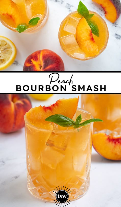 Such a perfect summertime cocktail, Bourbon Peach Smash. Using fresh juicy summer peaches which mix oh so well with smooth bourbon, this one is absolutely a crowd pleaser! Bourbon Peach Smash, Peach Bourbon Smash, Peach Smash Cocktail, Peach Bourbon Cocktail, Peach Smash Drink, Bourbon Smash Peach Bourbon, Bourbon Smash, Peach Drinks, Bourbon Drinks, Drink Tags, Kentucky Bourbon, Fresh Peaches, Bourbon Cocktails, Boozy Drinks