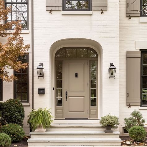 A welcoming porch with a solid wood door in warm earthy tones, surrounded by lush potted plants and a matching transom window Obscure Glass Front Door, Exterior Doors Farmhouse, Solid Front Door Ideas, Taupe Front Door, Entry Flooring, Colonial Front Door, Solid Wood Door, Painting Shutters, Green Shutters