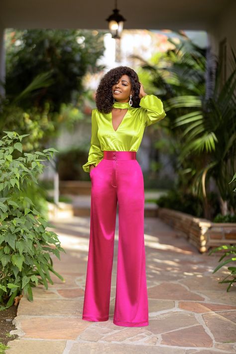 Pink Silk Pants Outfit, Pink Satin Pants Outfit, Fuschia Pants Outfit, High Waist Pink Color Block Bottoms, Fucsia Pants Outfit, Evening High-waisted Pink Pants, Chic High-waisted Pink Pants, Neon Wardrobe, Satin Hot Pink Pants