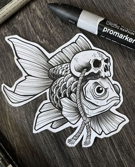 Fish Skull Tattoo, Skull Tattoo Sketch, Fish Skull, Petit Tattoo, Scary Tattoos, Spooky Tattoos, Old School Tattoo Designs, Tattoo Style Drawings, Tattoo Portfolio