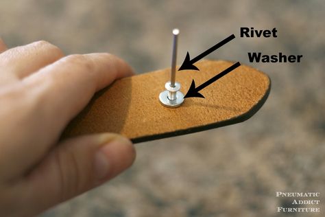 Pneumatic Addict : How to Rivet Wood and/or Leather - need a washer for softer (not metal) materials. Tanning Hides, Rivet Jewelry, Leather Tutorial, Industrial Diy, Furniture Building, Leather Craft Projects, Leather Rivets, Leather Craft Tools, Small Wood Projects