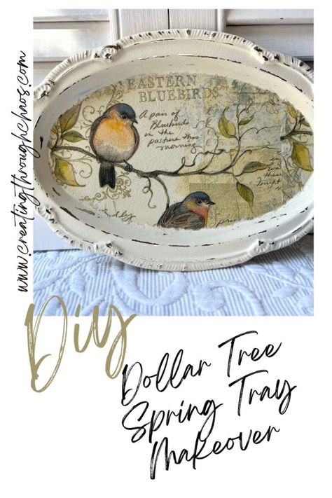 Decopage Ideas Wood Tray, Diy Round Tray Ideas, Dollar Tree Metal Tray Ideas, Diy Risers Display Dollar Tree, Upcycle Charger Plates, Dollar Tree Tray Crafts, Dollar Tree Plate Crafts, Spring Decoupage Ideas, Dollar Tree Wooden Tray Ideas