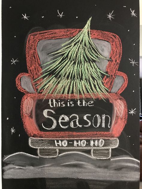 Red Truck Chalkboard Art, Seasonal Chalkboard Art, Holiday Chalk Art, Xmas Chalkboard Ideas, Christmas Sidewalk Chalk Art, Christmas Whiteboard Art, Chalkboard Art Winter, Christmas Tree Chalkboard Art, Christmas Chalkboard Art Easy