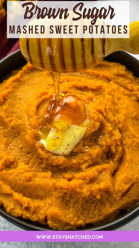 mashed sweet potatoes in a bowl with butter cinnamon, and honey drizzled on top Mashed Sweet Potatoes Dairy Free, Sweet Potatoes Recipes Baked, Sweet Potato With Condensed Milk, Sweet Mashed Potatoes Recipe, Mashed Yams Recipe Thanksgiving, Keto Mashed Sweet Potatoes, Creamy Mashed Sweet Potatoes, Dairy Free Mashed Sweet Potatoes, Brown Butter Mashed Sweet Potatoes