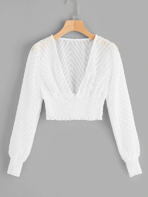 Deep V Neck Tops, Textured Crop, Spring Shirts, Blouse Online, Crop Blouse, Shein Style, White Crop Top, Plus Size Blouses, Sheer Blouse