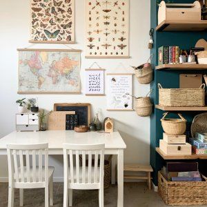 School Library Room Ideas, Play Space In Living Room, Kids Library Room Ideas, Homeschool Wall Ideas, Nature Playroom, Vintage School Posters, Playroom Library, Pottery Barn Office, Homeschool Room Ideas