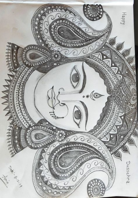 Navratri Sketch of Maa Durga Navratri Pencil Sketch, Durga Maa Pencil Drawing, Navratri Drawing Ideas Sketch, Navratri Durga Mata Drawing, Mata Rani Sketch Pencil, Drawing Of Maa Durga, Navratri Sketch Drawing, Mandala Art For Navratri, Durga Mata Mandala Art