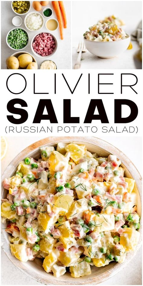 Olivier Salad, or Russian Salad, is a traditional Russian potato salad made with diced boiled potatoes, eggs, ham, and vegetables mixed in a creamy mayo dressing. Super easy to make, it is a popular holiday side dish, especially during Christmas and New Year celebrations. Russian New Years Food, Russian Salad Recipe, Russian Potato Salad, Olivier Salad, Russian Salad, Mayo Dressing, Potato Salad With Egg, Holiday Side Dish, Yummy Salads