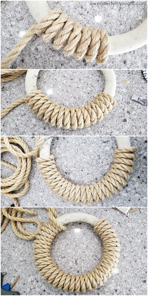 DIY Rope Wreath - A Wonderful Thought Rope Wreaths Diy, Rope Decor Ideas, Wood And Rope Projects, Braided Rope Wreath Diy, How To Make A Rope Wreath, Cotton Rope Crafts, Jute Rope Wreath Diy, Rope Wreath, Rope Wreaths