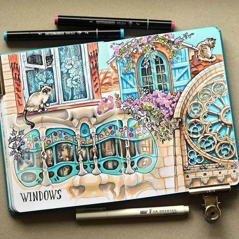 fineliner and ink marker drawing Architectural Windows, Moleskine Art, Travel Art Journal, Travel Sketchbook, Creation Art, Travel Drawing, Sketch Markers, Marker Drawing, Sketchbook Journaling