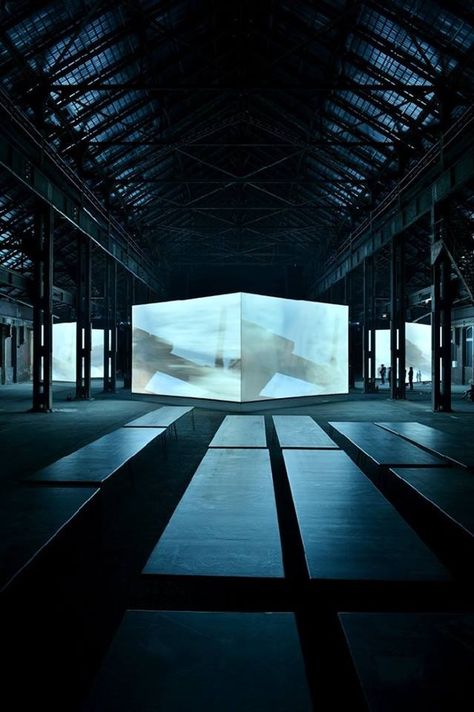 WHITE CUBE - warehouse projections _ the whole space is transformed to allow the audience to step into another dimension . Projection Installation, Graphisches Design, Stage Set Design, Projection Mapping, Scenic Design, Stage Set, Video Installation, Exhibition Space, Sculpture Installation