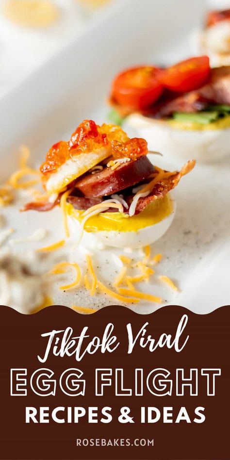 Have you seen the Tiktok Viral Egg Flights Trend? Egg Flights are a fantastic twist on deviled eggs (and so much more!). They are hard-boiled eggs, sliced in half, topped with mayo and mustard, then loaded with other delicious toppings, turned into a unique, high-protein meal or snack. Boiled Egg Toppings, Hard Boiled Eggs Toppings, What To Do With Boiled Eggs, Hard Boiled Egg Flights, Hard Boiled Eggs Recipe Meals, Deviled Egg Flight Ideas, Deviled Egg Flight, Egg Flight Ideas, Egg Flight