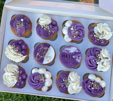 Shades Of Purple Cupcakes, Blue Purple And White Cupcakes, Purple And Pink Cupcakes Birthday, Purple And White Cupcakes Ideas, Classy Cupcakes Birthday, Lavender Cupcakes Decoration, Dark Purple Cupcakes, Purple And Silver Cupcakes, Purple And Black Cupcakes