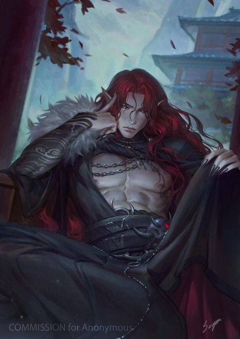 Kelemvor Dnd, Red Haired Male Character, Red Haired Vampire, Demon Male Character Design, Fantasy Elf Male, Male Vampire Oc, Red Hair Male Character Art, Male Witch Art, Vampire Male Art