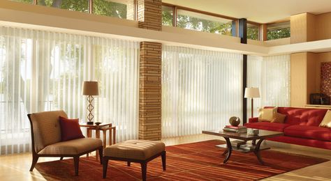 Hunter Douglas Luminette Privacy Sheer Shades Mid Century Window Treatments, Mid Century Modern Window Treatments, Modern Window Treatments, Modern Blinds, Mid Century Modern Interior Design, Honeycomb Shades, Living Room Blinds, Sheer Shades, Drapery Designs