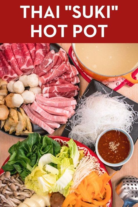 Thai Sukiyaki Hot Pot Recipe (MK Suki Style) - Hot Thai Kitchen! Hot Pot Ideas, Korean Hot Pot Recipe, Asian Hot Pot Recipe, Steamboat Recipe, Korean Hot Pot, Thai Hot Pot, Chinese Fondue, Sukiyaki Recipe, Hot Thai Kitchen