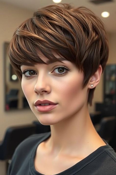 Chocolate Brown Pixie, Pixie Haircut for Modern women Chocolate Brown Hair Short, Pixie 2024, Mushroom Brown Hair Color, Mushroom Brown Hair, Short Hair 40, Brown Pixie, Textured Pixie Cut, Mushroom Brown, Layered Bob Haircuts