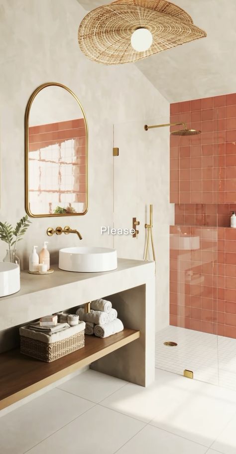 Small Bathroom Bright Colors, Terracotta Pink Bathroom, Bathroom Ideas Terracotta, Beige Terrazzo Bathroom, Red Marble Bathroom, Light Small Bathroom, Dark Pink Bathroom, Salmon Bathroom, Natural Bathroom Design Earth Tones