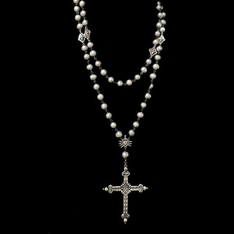 The Moonglow Sacred Heart Cross Rosary Necklace is designed as a true five decade rosary.  It is 30" inches long and comes with a 4" complimentary extender that allows the necklace to be double.  It features 9mm Silver Freshwater Pearls, mini Fleur de Lis and a reproduction French Sacred Heart Cross.   The cross is two Silver Rosary Necklace, Cross Rosary, Jewelry Design Studio, Silver Rosary, Decade Rosary, Pearl Rosary, Necklaces Silver, Rosary Necklace, Long Necklaces