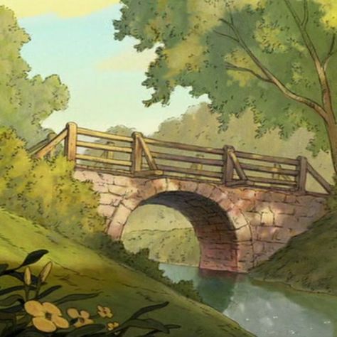 Winnie The Pooh Bridge, Hundred Acre Woods Wallpaper, Hundred Acre Woods Aesthetic, Winnie The Pooh Backgrounds, Storybook Background, Disney Cottagecore, Cottagecore Disney, Story Book Art, رسم كاريكاتير