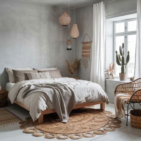 Minimalist boho Bedroom😍🤍 Gray Boho Bedroom, Bedroom Ideas Grey, Bed Boho, Gray Bed, Grey Wood Floors, Boho Bedroom Ideas, Boho Bedding, Gray Bedroom, Bedroom Boho