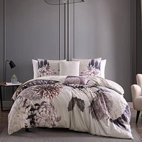 Amazon.com: Bebejan Bloom 100% Cotton 5 Piece Comforter Set, Purple Floral Printed Pattern, Reversible, Cozy, Soft, Breathable, 1 Comforter, 2 Shams, 2 Pillows (Full/Queen) : Home & Kitchen Purple Comforter, Luxury Comforter Sets, Cotton Comforter Set, Purple Bedding, Chenille Throw, Reversible Comforter, Floral Bedding, King Comforter Sets, Cotton Comforters