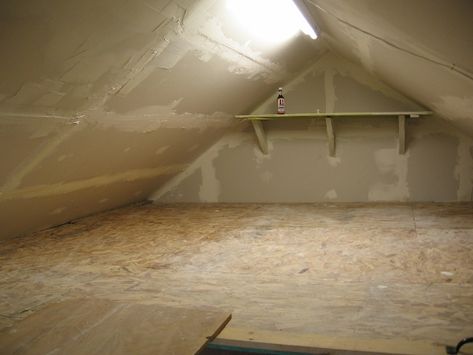 Attic renovation - we added drywall and fluorescent lighting to turn this crawlspace into more usable storage. #GElighting Crawl Space Attic Ideas, Small Attic Ideas Low Ceilings, Attic Storage Space, Small Attics, Attic Bedroom Storage, Garage Attic, Attic Staircase, Attic Office, Fluorescent Lighting