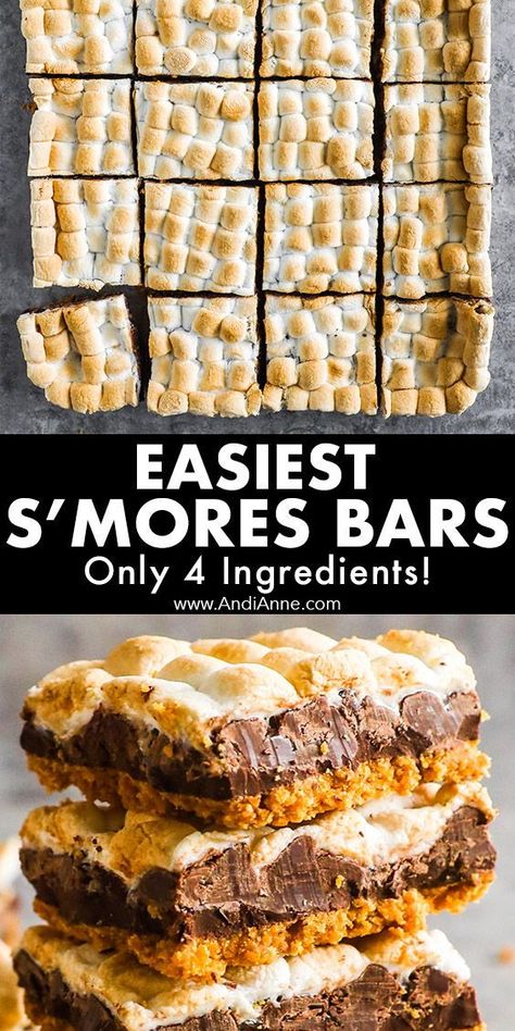 When it comes to S’more Bars, the fewer the ingredients the better. These S’more bars only require four ingredients: Marshmallows, chocolate chips, graham crackers, and butter. Because butter makes everything better. Easy S’mores Bars, Easy Smores Bars Recipe, Marshmallow Graham Cracker Dessert, Easy Marshmallow Deserts, Smores Bark Recipe, S’more Bar Dessert, S’more Bars Golden Grahams, Recipes With S’mores, Baked S’mores