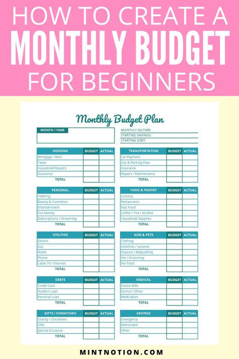 How to create a budget for beginners. Follow these 6 easy steps to help you build a successful monthly budget. No matter what your income level, you need a budget. This can help you save more money, pay off debt faster, and reach your goals. Includes a free printable debt payoff goal worksheet. Monthly budget template. How To Do A Monthly Budget, Budgets For Beginners Printables, How To Plan A Budget, Create A Budget For Beginners, Creating A Budget Free Printables, Household Budget Template Free Printable, How To Create A Monthly Budget, Beginner Budget Template, Creating A Budget For Beginners