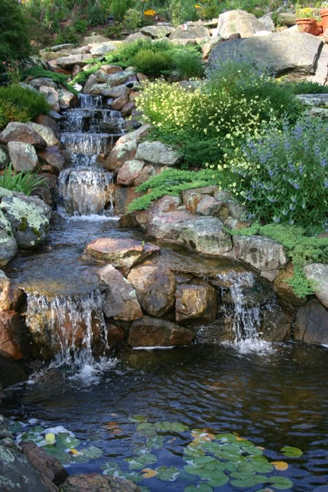 Waterfall On Hillside, Creek With Waterfall, Garden Water Falls, Stream Waterfall, Backyard Stream, Waterfall Landscaping, Waterfall Garden, Kolam Koi, Taman Air