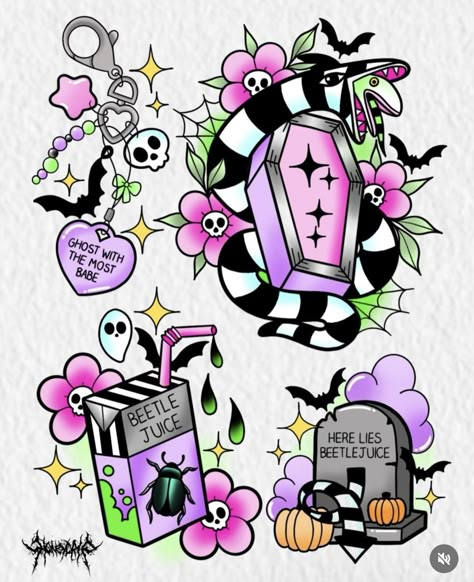 Pastel Goth Tattoo Ideas, Colorful Girly Tattoos, Tim Burton Aesthetic Drawing, Beetlejuice Doodles, Beetlejuice Flash Tattoo, Tim Burton Doodles, Spooky Cute Tattoo, 90s Cartoon Tattoos Ideas, Cute Goth Tattoo