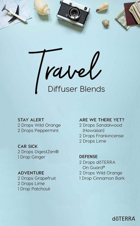 Essential Oil Travel blends. Stay awake, restlessness, car sick, and more! Car Diffuser Blends, Doterra Blends, Doterra Recipes, Doterra Diffuser, Doterra Diffuser Blends, Doterra Essential Oils Recipes, Doterra Oil, Essential Oils Diffuser, Do Terra