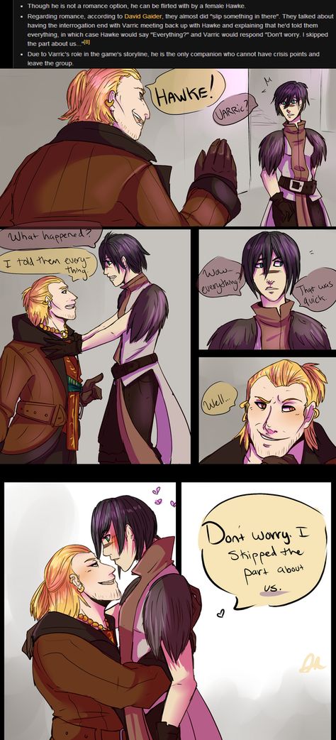 Imagine if there had actually been a real romance between Hawke and Varric! The Part about Us by Alermium on deviantART Varric X Hawke, Varric And Hawke, Dragon Age Hawke Art, Hawke And Varric, Hawke Dragon Age Art, Dragon Age 2 Hawke, Dragon Age Anders And Hawke, Varric Dragon Age, Dragon Age Hawke