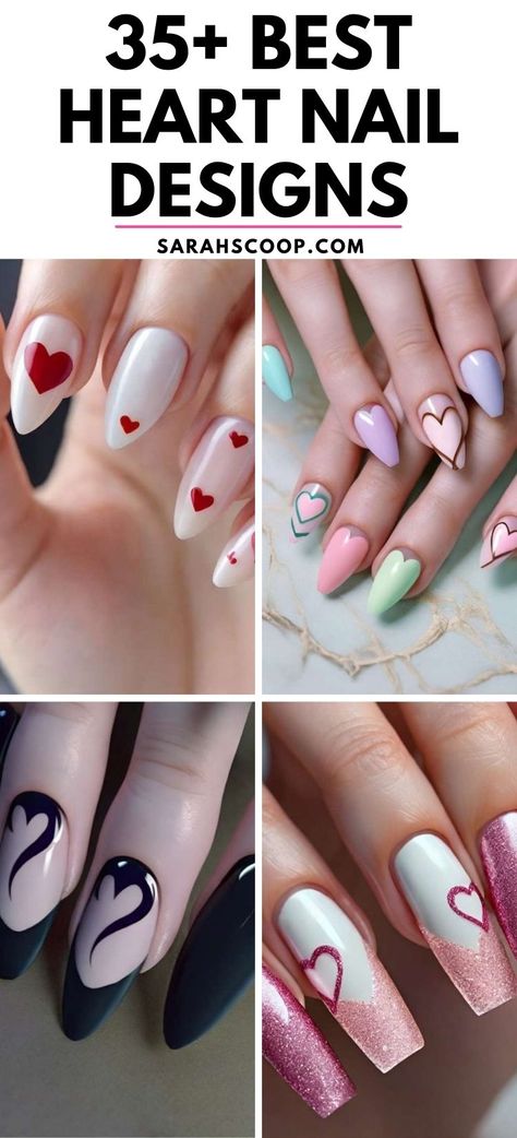 Empower your inner beauty with these radiant heart nail designs!😍💅 #heartnails #nailinspo Gel Nail Designs With Hearts, Small White Heart Nails, Heartbreak Nails Design, Heart Gel Nail Designs, Fall Heart Nails, Bookish Nail Designs, Heart Design Nails Acrylic, Heart On Nails Design, French Manicure With Hearts