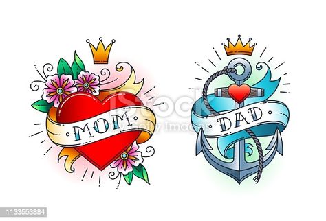 Choose from 68 Mom Heart Tattoo stock illustrations from iStock. Find high-quality royalty-free vector images that you won't find anywhere else. Anchor With Rope, Mom Heart Tattoo, Heart With Flowers, Tattoo Vector, Kunst Tattoos, Retro Tattoos, Old School Tattoo Designs, American Tattoos, Dad Tattoos