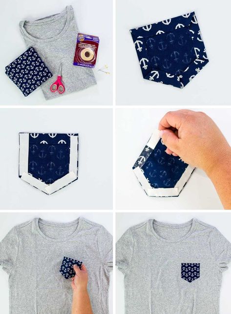 Add Pocket To Tshirt, How To Sew A Pocket On A Shirt, Tshirt Refashion Diy No Sew, Tshirt Pocket Design, Old Tshirt, Umgestaltete Shirts, Kitchen Ideas Decoration, Clothing Upcycle, Shirt Hacks