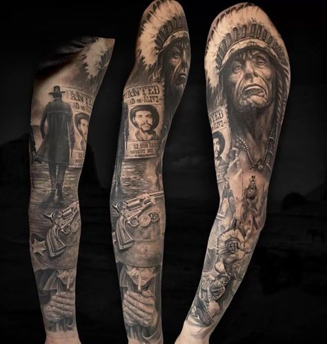 Realistic Western Tattoo, Cowboy And Indian Tattoo Sleeve, Realistic Cowboy Tattoo, Western Movie Tattoo, Mexican Cowboy Tattoo, Apache Indian Tattoo, Outlaw Tattoos For Men, Land Tattoos, Native Indian Tattoos