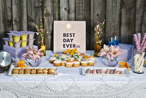 Rapunzel party dessert table - like the "Best Day Ever" sign! Tangled Theme Dessert Table, Tangled Themed Desserts, Tangled Inspired Desserts, Tangled Dinner And A Movie, Rapunzel Backdrop Tangled Birthday, Rapunzel Wedding Theme, Rapunzel Wedding, Rapunzel Cake, Bridal Business