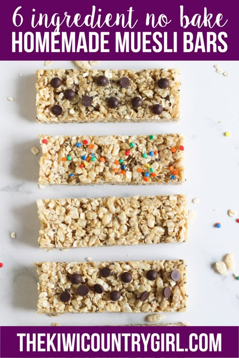 This super easy healthy recipe for 5 ingredient, one bowl no bake homemade muesli bars or granola bars is going to be your kids new favourite snack! Perfect for lunchboxes, they only take 10 minutes to make and you can add your favourite mix ins or topping - chocolate chips, sprinkles, apricots, cranberries and more. The base recipe is nut free, perfect for allergy friendly schools #granolabars #mueslibars #nobake Homemade Muesli Bars, Nut Free Granola Bars, Muesli Bar Recipe, Rice Bubbles, Muesli Bars, Healthy Bars, Homemade Granola Bars, Lunch Box Snacks, Homemade Muesli