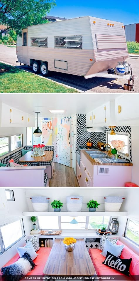 The playful interior of this vintage camper renovation was inspired by abstract pop wallpaper Fun Rv Decor, Unique Camper Remodel, Pink Vintage Camper, Girly Rv Remodel, Retro Camper Decor, Mid Century Modern Camper, Retro Trailer Interior, 1970s Camper Remodel, Funky Camper Interior