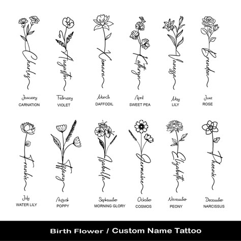 Birth Flower Name Tattoo Custom Floral Tattoo - Etsy Mothers Name Tattoo Ideas For Men, Birth Flower Name Tattoo, Flower Name Tattoo, Mama Tattoos, Daughters Name Tattoo, Name Flower Tattoo, Tattoo Name Fonts, Name Tattoos For Moms, Baby Name Tattoos