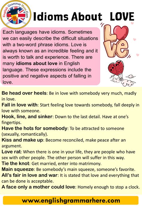 Idioms About Love, Idioms And Their Meanings, Two Word Phrases, English Expressions, Idiomatic Expressions, Idioms And Phrases, English Writing Skills, English Idioms, Learn English Vocabulary